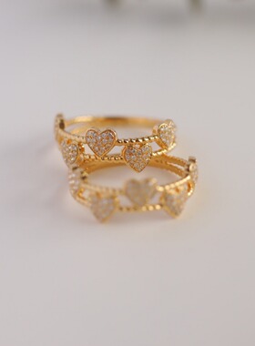 心跳|s925纯银小众双环爱心简约戒指法式轻奢复古通勤叠带尾戒