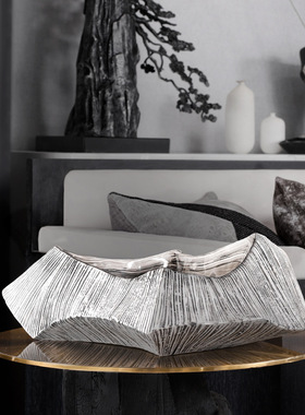 复古创意陶瓷几何黑白线t条花盆中式轻奢样板房客厅茶几果盘装饰