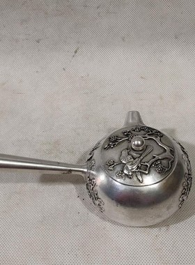古玩铜器收c藏仿古镀银浮雕龙凤侧壶酒壶功夫茶壶家居茶道装饰摆
