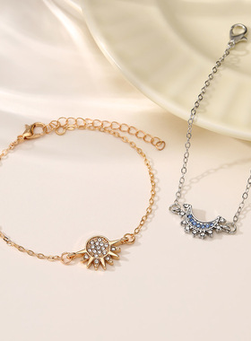 日月同辉叠戴手饰女跨境欧美个性简约设计感镶钻太阳月亮情侣