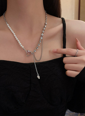 极速粉色水晶爱心锆石珍珠钛钢项链2022年L新款女精致甜辣风小众