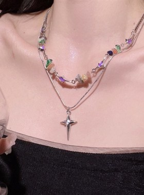 极速双层叠d戴彩色碎石十字架项链女轻奢小众ins嘻哈设计感锁骨链