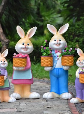 户外花园庭院卡通兔子花盆雕塑摆C件别墅幼儿园树脂动物花缸装饰