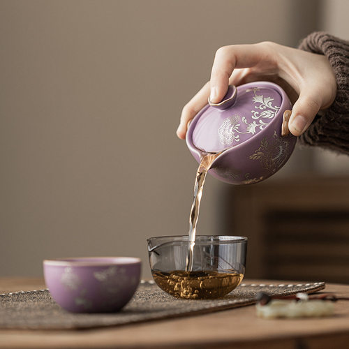 几欢紫汝鎏银牡丹缠枝莲一壶二杯旅行茶具家用户外便携陶瓷快客杯 - 图0