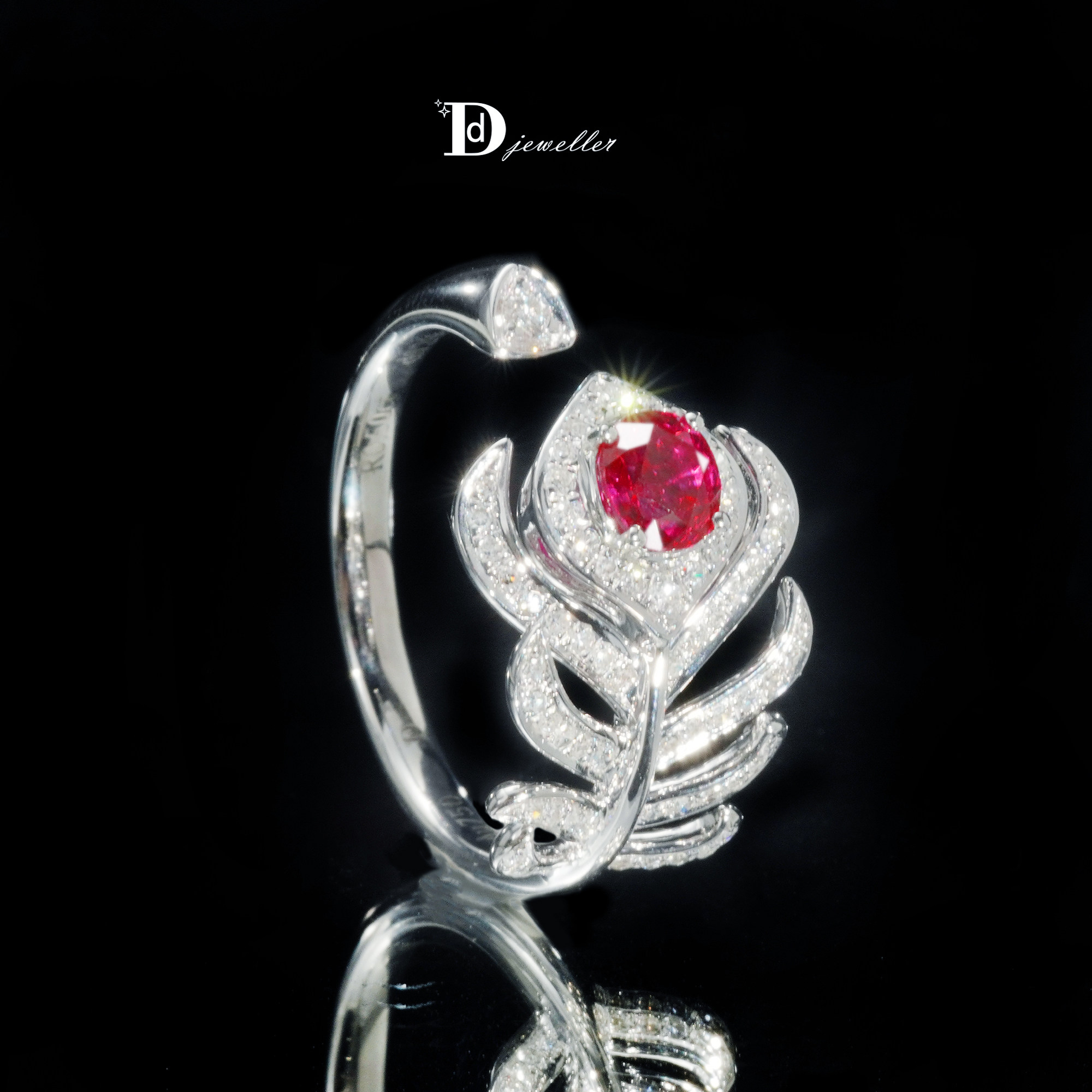 【珠宝人DD】现货18k白镶嵌缅甸红宝石羽毛款耳饰璀璨套系CGRL,淘宝优惠券,粉丝福利购,淘宝优惠卷