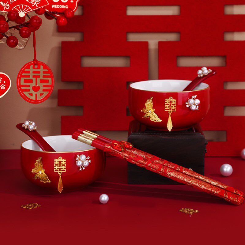 Best-selling tea cup set, wedding supplies, wedding modified tea set, red bowls and chopsticks, bride's Y dowry wedding bowl pair