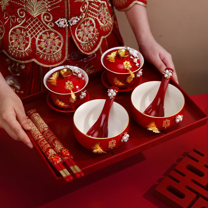 Best-selling tea cup set, wedding supplies, wedding modified tea set, red bowls and chopsticks, bride's Y dowry wedding bowl pair