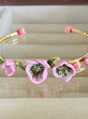 雪绒花冬季系列粉色菟葵花C型耳钉项链