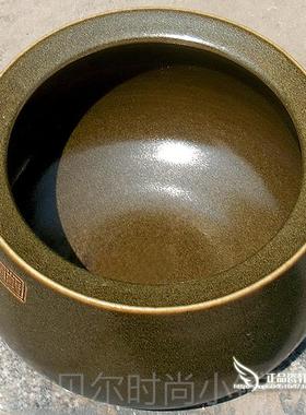 新款镇景件德缸陶瓷器仿古茶叶末釉聚宝盆睡莲荷花鱼玄关摆小鱼盆