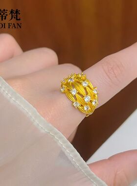 铜饰仿沙金中古点钻多层编织缎带戒指耳环法式轻奢高级感金色饰品