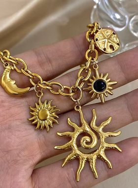 欧美跨境太阳月亮吊坠项链时尚轻奢感海星珍珠配件链条锁骨链