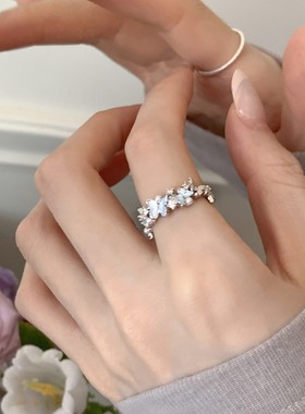 蝴蝶花朵可调节星辰花戒~蓝色珐琅锆石开口戒指女小众感指环