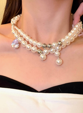 千金缪斯闪锆双层珍珠choker