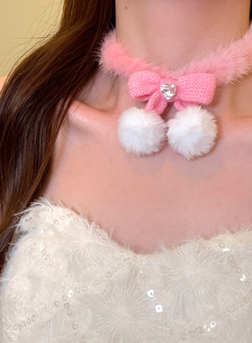 柔柔奶芙粉色蝴蝶结毛绒choker