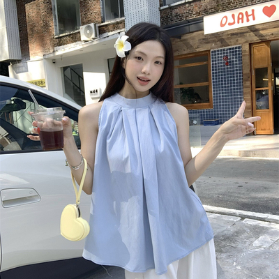 法式红色格子无袖背心女夏季收腰设计感小众褶皱别致V领上衣BY