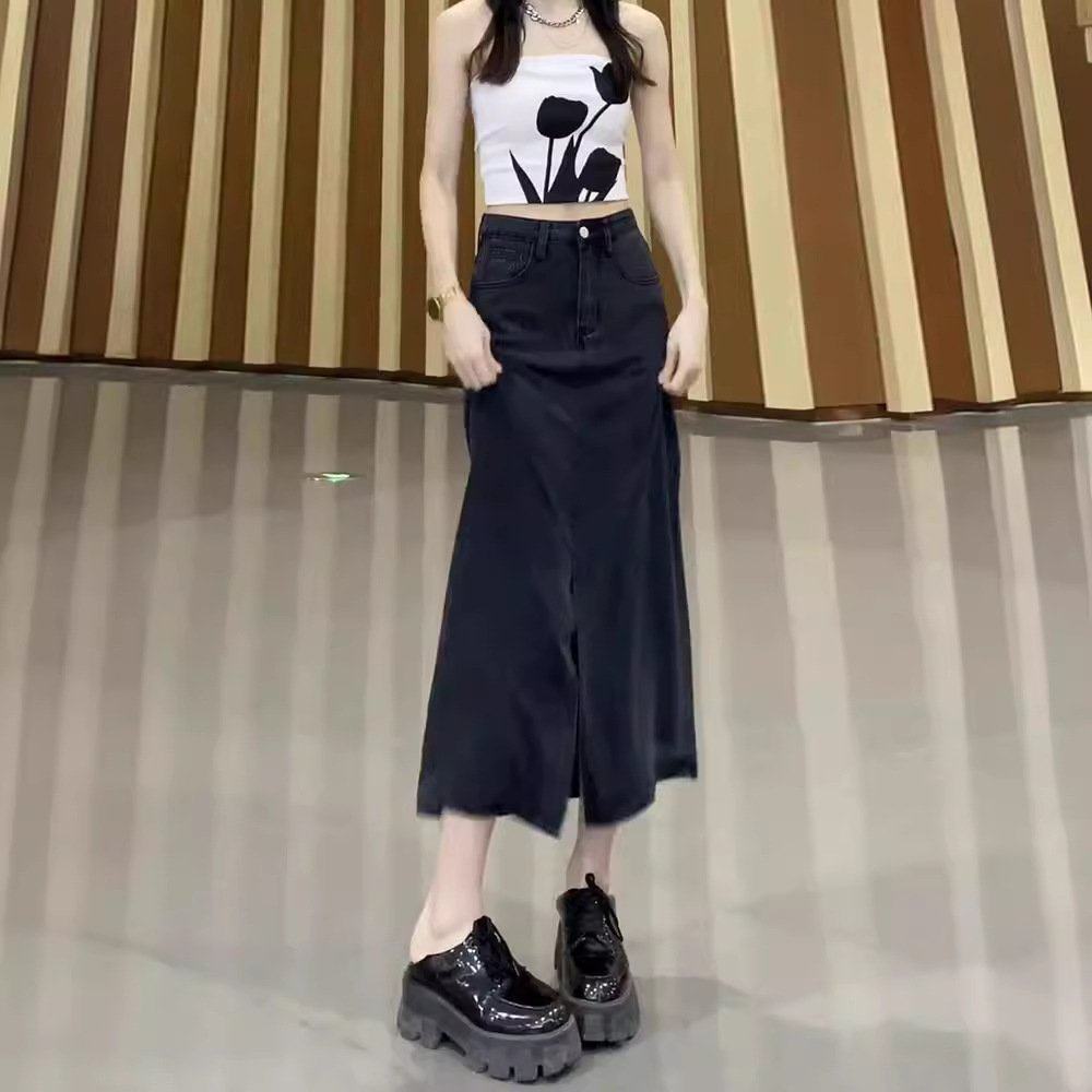 黑色开叉天丝牛仔半身裙女夏季薄款小个子高腰显瘦包臀a字中长裙,淘宝优惠券,粉丝福利购,淘宝优惠卷