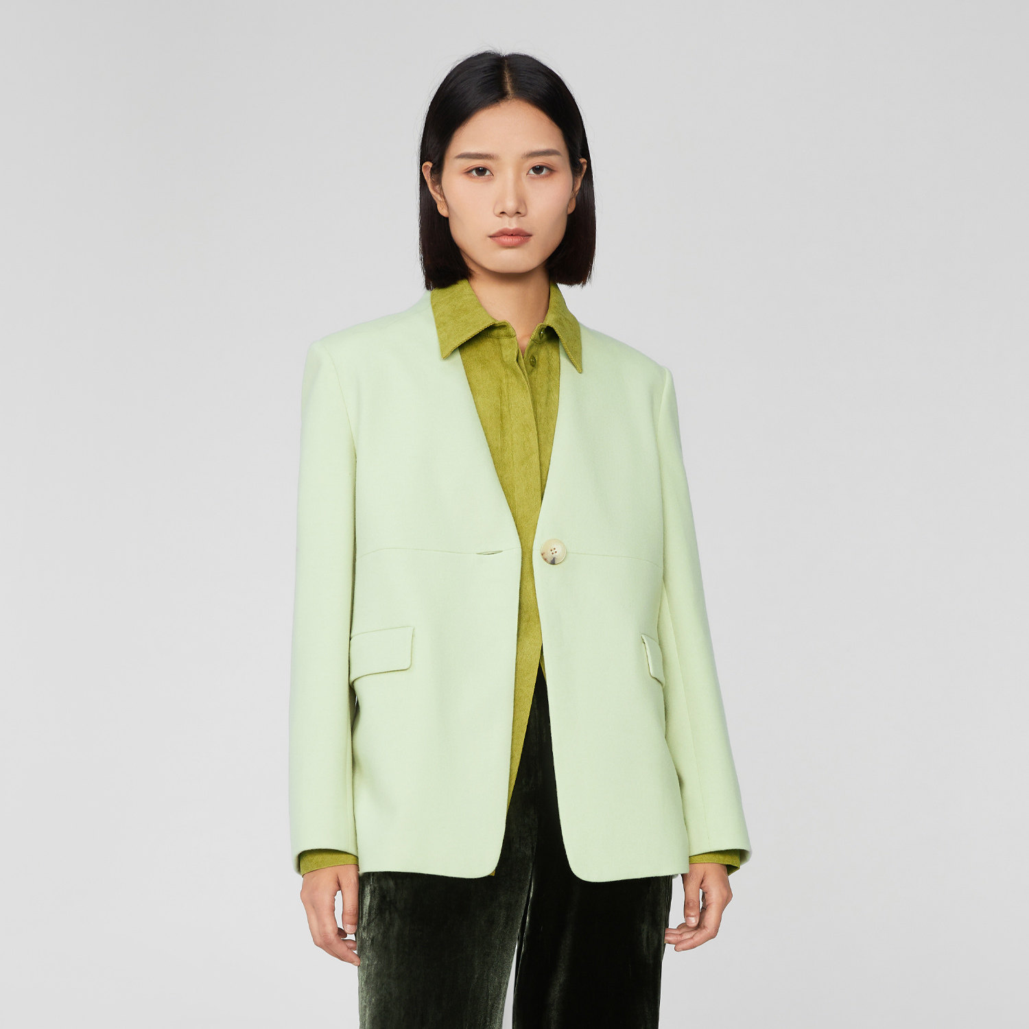OVV Outlet 秋冬热卖女针织羊毛无领一粒大纽扣装饰单件西服外套