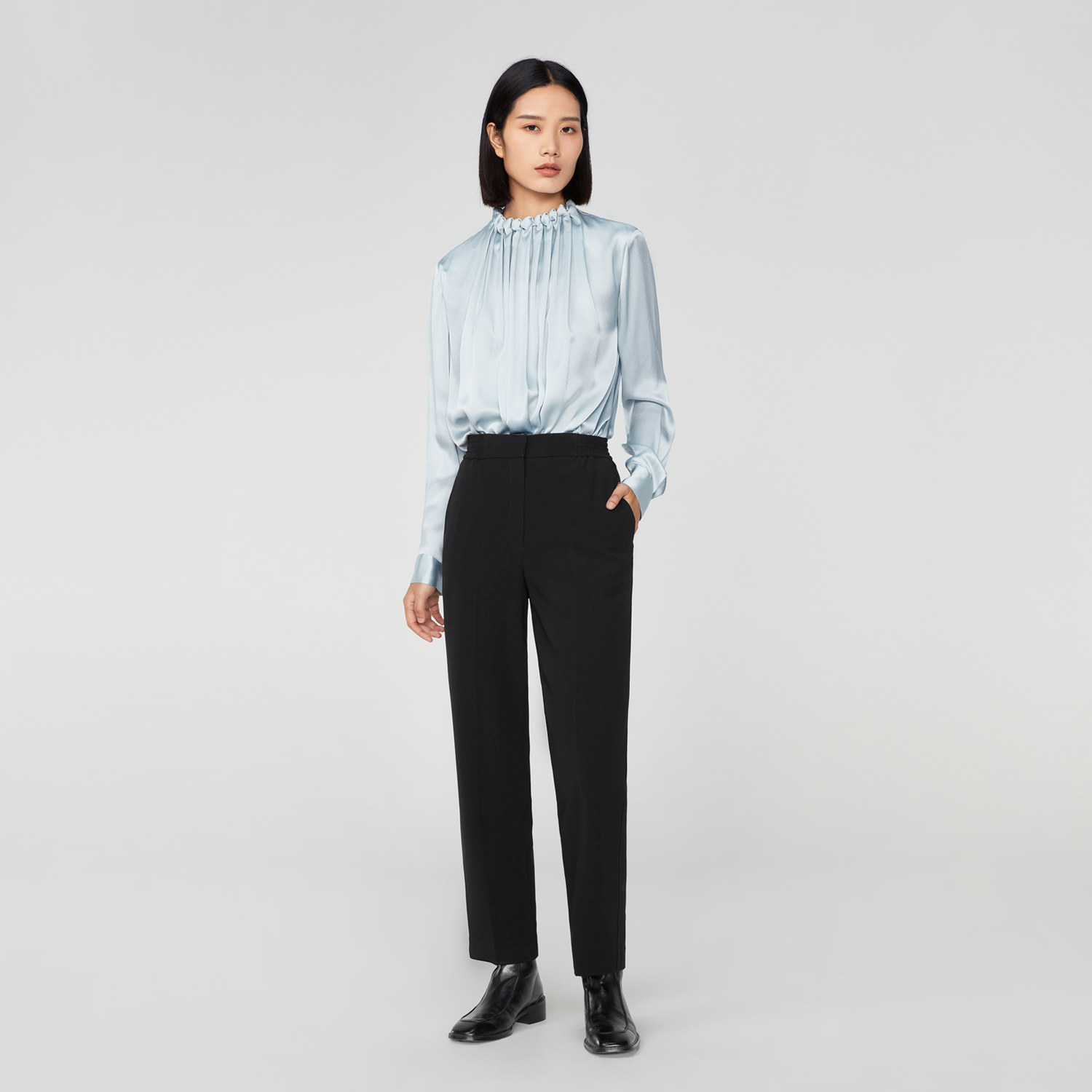 OVVOutlet秋冬新款女装日本进口三醋酸侧后腰松紧休闲通勤长裤