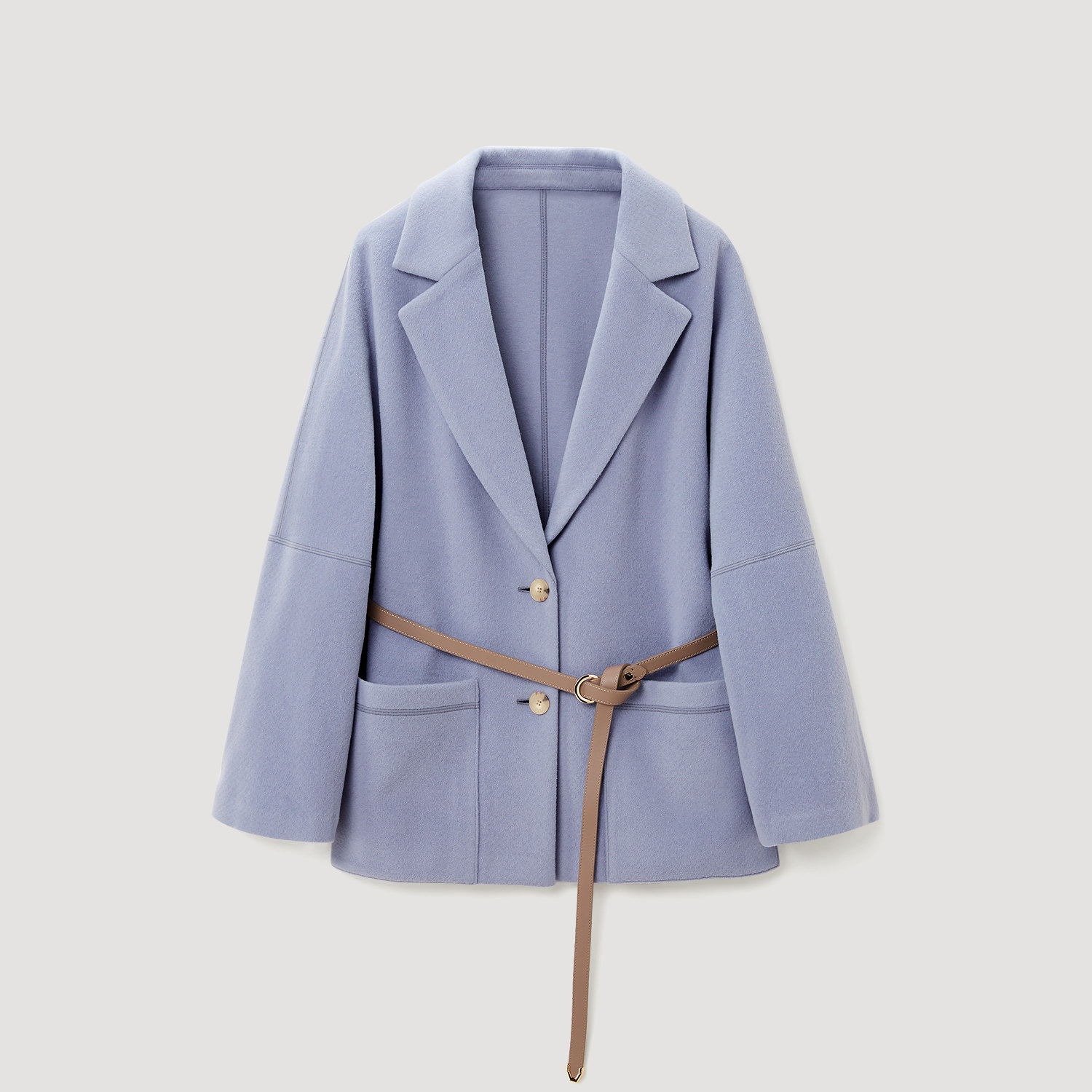 OVVOutlet秋冬热卖女针织羊毛两粒扣平驳领贴袋皮带单件西服外套