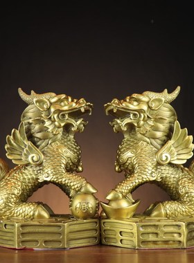 铜制12寸麒麟家居摆件公母v一对纯黄铜复古神兽旺财摆件化解办公