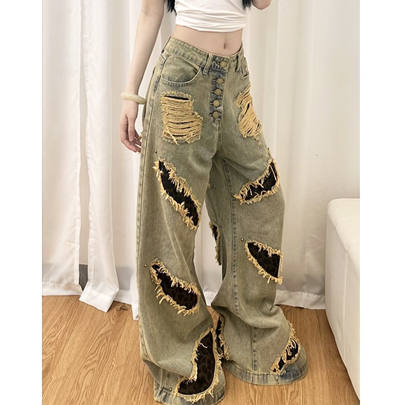 美式辣妹设计拼接豹纹牛仔裤女2025新款复古磨破宽松拖地阔腿裤潮 - 图0
