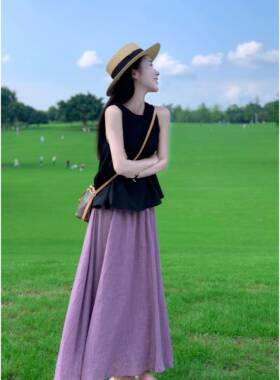 法式小众不撞款连衣裙子女夏季2024新款晚晚风情万种紫色两件套装