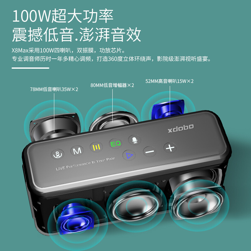 X8蓝牙音箱MAX大功率户外便携防水TWS无线音响XDOBO喜多宝100W - 图1