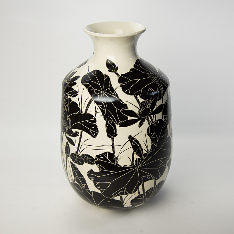 高档花瓶摆件磁州窑精美瓷瓶黑剔花水墨荷花陶瓷花瓶瓶高41厘米 - 图0