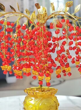 红果摇钱树d琉璃水晶聚宝盆乔迁开业送礼桌面酒柜玄关招财装饰摆