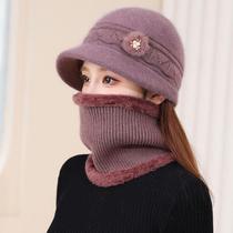 Rabbit Fur Knit Warm Hat Lady Pearls Flowers Autumn Winter Plus Suede Collar ELDERLY MOTHER HAT IN THE MIDDLE OF THE NECK