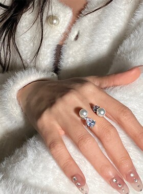 韩国小众设计感不对称珍珠锆石气质简约个性高级感开口戒指食指戒