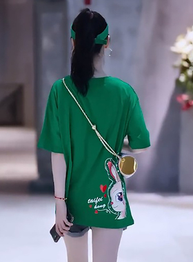 白色短袖T恤女卡通印花2022年新款夏季大版胖mm遮肚子半袖体桖衫
