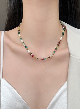 珍珠项链女多巴胺彩色串珠夏天叠戴高级感锁骨链轻奢小众颈链配饰
