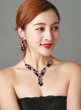 韩式水晶项链耳环饰品套装夸张毛衣链锁骨链宴会小礼服配饰装饰链