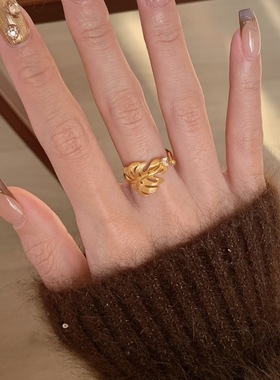 春日来信树叶拉丝复古戒指拉丝镂空叶子气质高级感轻奢小众