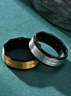 2025热销时尚男士八角形8mm拉丝不锈钢哑光戒指宽边潮流装饰品