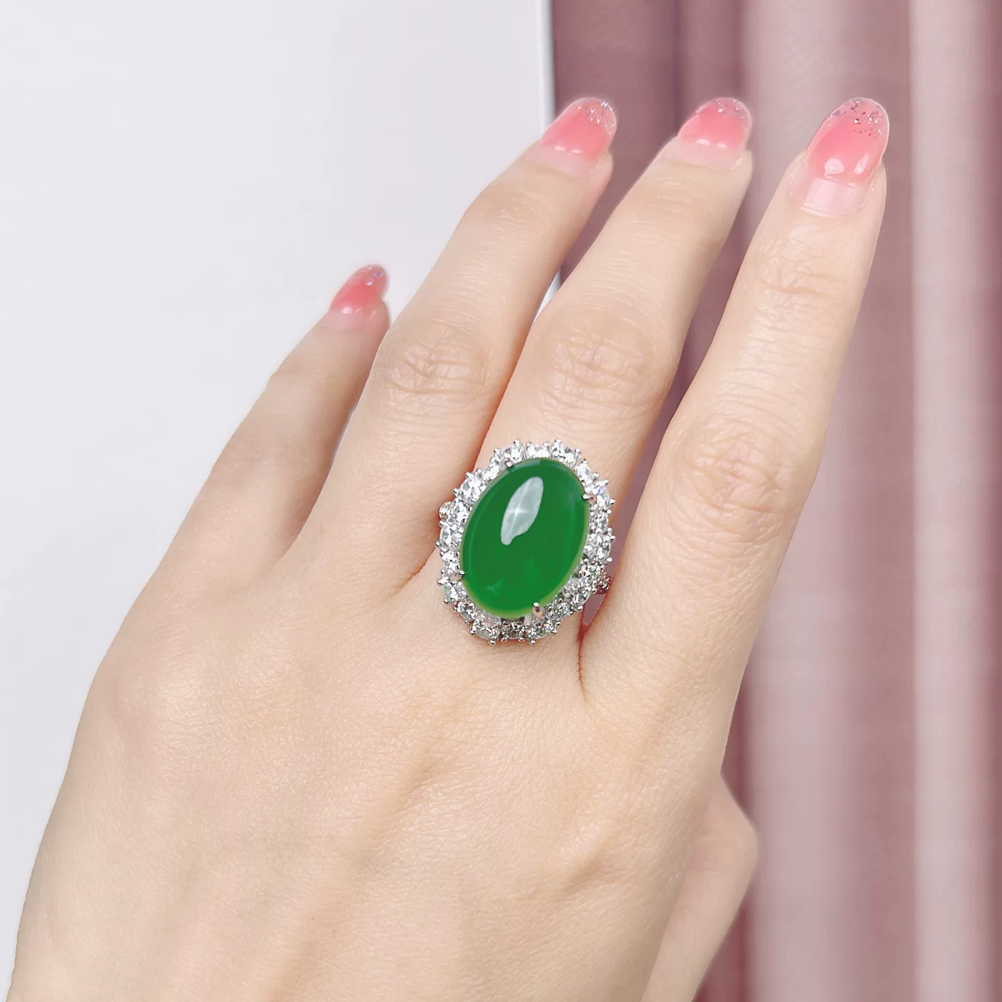 AILEQ Natural ore jade, extra large emerald ring, silver 925 sample, Chinese style, light luxury style