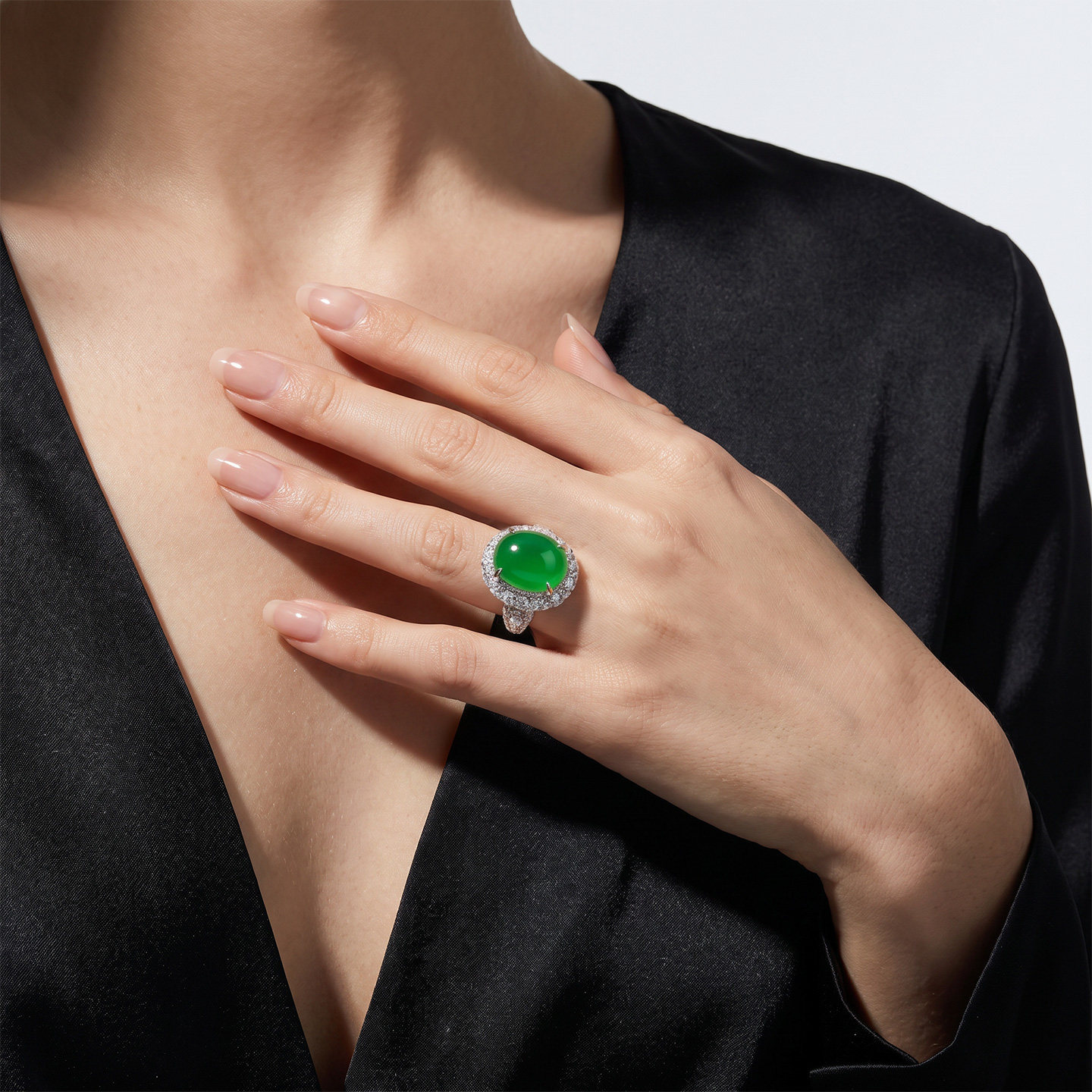 AILEQ925 silver inlaid with natural chalcedony full of green flowers cabochon ring fashion jewelry jewelry live broadcast