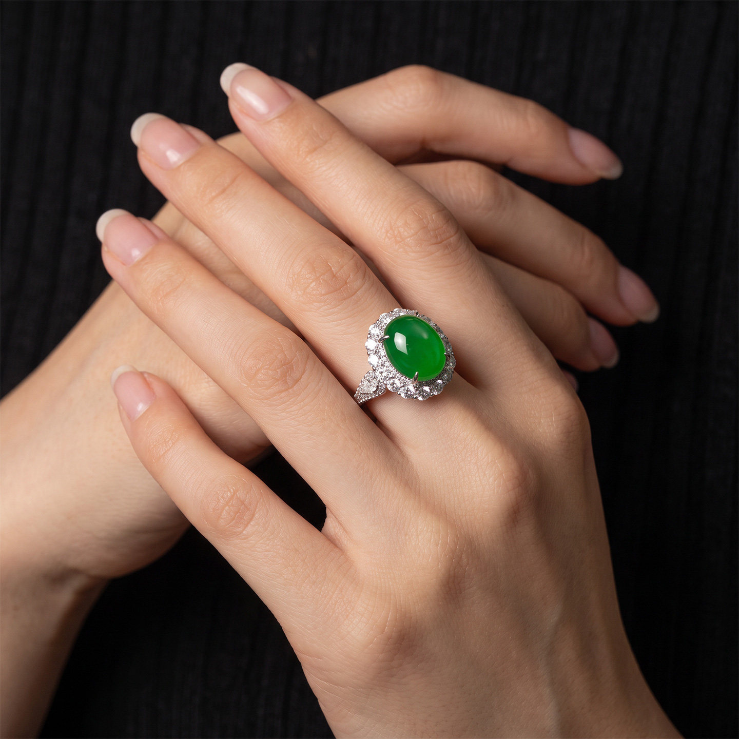 AILEQ925 silver inlaid with natural chalcedony full of green flowers cabochon ring fashion jewelry jewelry live broadcast