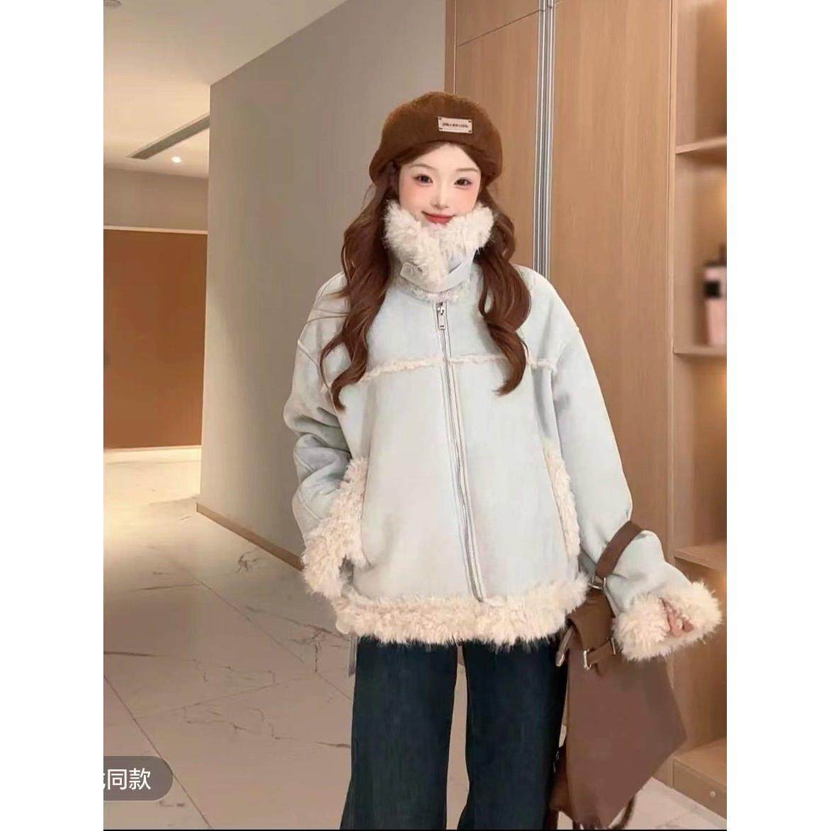 彷羔毛外套女短款2025冬季新款韩版小个子机车服软糯加厚上衣棉服,淘宝优惠券,粉丝福利购,淘宝优惠卷