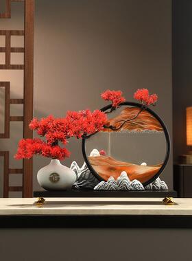 迎客松新中式客厅摆件高端大气上档次角几电视柜家具流沙画装饰品