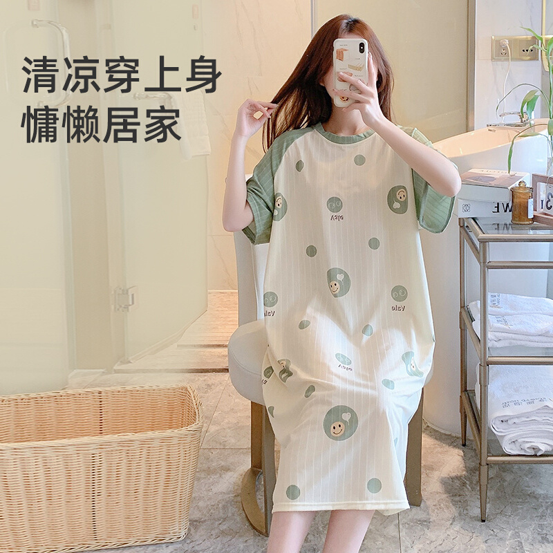 麒婧月子服夏季薄款产后孕妇睡衣女短袖喂奶家居裙产妇哺乳期睡裙 - 图0