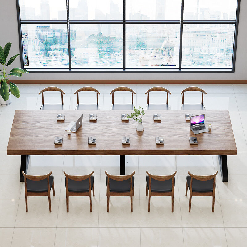 实木会议桌长桌简约现代长条大型工业风简易办公培训洽谈桌椅组合