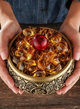 黄铜复古元宝五帝钱聚宝盆大号存钱罐米缸办公室桌面摆件开业铜盆