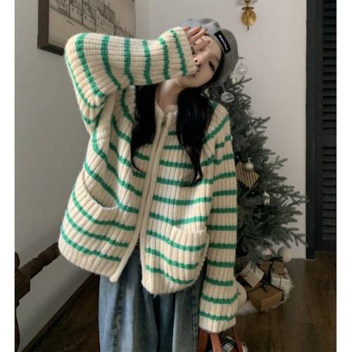 慵懒风毛衣入秋外套软糯外套女条纹复古毛衣秋冬拉链针织开衫外套 - 图3