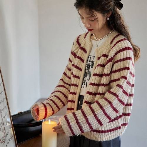 慵懒风毛衣入秋外套软糯外套女条纹复古毛衣秋冬拉链针织开衫外套 - 图0