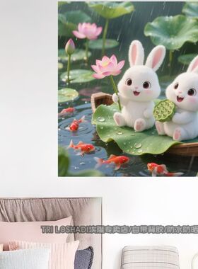 荷花塘里小兔遮洞治愈贴画