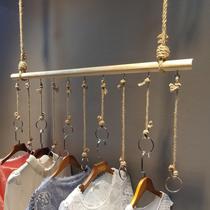 Clothing Store Furnishing Shelves Hanging Suspended Ceiling Hanging Rack Rings Hanging Hanger Hemp Rope Wooden Stick Hanger