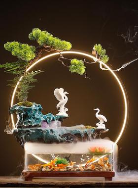 创意假山喷泉陶瓷流水摆件风水车招财鱼缸家用客厅玄关书房装饰品