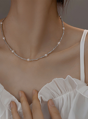 碎银子项链女款珍珠颈链女碎银珍珠项链轻奢小众设计项链2024新款